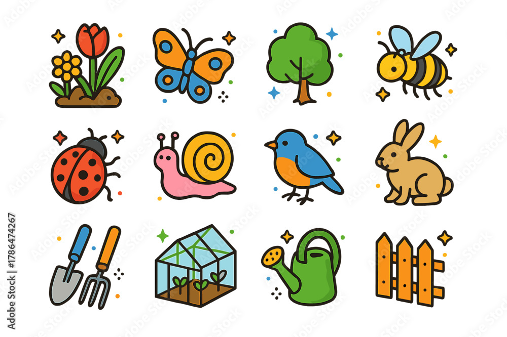 Fototapeta premium Garden Icon Set. Garden. Colorful isometric vector icons set of Garden: flowers, trees, butterflies, bees, ladybugs, snails, birds, rabbits, gardening tools,