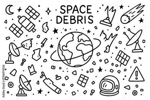 Space Debris Doodles. Space debris. Hand-drawn doodle illustration space debris satellite, rocket fragment, broken antenna, orbit path, Earth, space junk