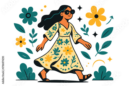 Bohemian Park Stroll. A young woman wearing a boho-chic dress and oversized sunglasses. Woman strolling through park wearing flowing bohemian dress and