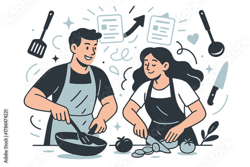 Dynamic Cooking Duo. Cooking competition. A couple preparing a meal side by side, glowing recipe cards and