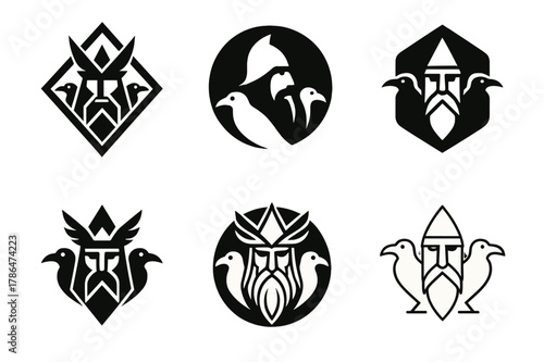 Mystical Deity Emblems. Ancient gods and goddesses in a mystical landscape. Set Logo of Ancient gods and goddesses in a mystical landscape: Odin twin ravens.