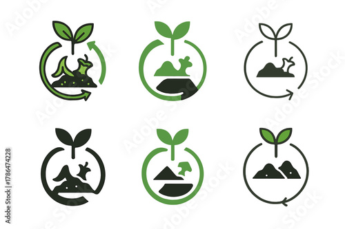 Composting Logo Designs. Composting and waste reduction methods. Set Logo of composting and waste reduction methods: soil enrichment process. Icon set.