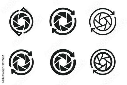 AI Realism Logo Variations. AI realism. Set Logo of AI realism: GAN camera lens with dual arrows. Icon set. harmonious logo variations of the same emblematic