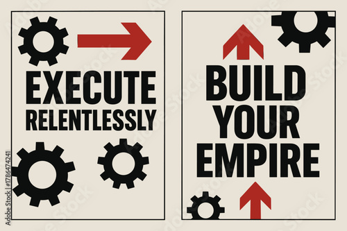 Brutalist Banners Design. Execute relentlessly. Two vertical A6 banners with safe margins, centered composition, no elements touching edges, brutalist, black