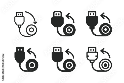 Home Theater Icons. Installing a new home theater sound system. Set Logo of Installing a new home theater sound system: HDMI cable plug. Icon set. harmonious