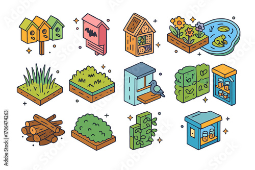Urban Biodiversity Icons. Urban biodiversity habitats. Colorful isometric vector icons set of Urban biodiversity habitats: birdhouse row, bat roost box, insect