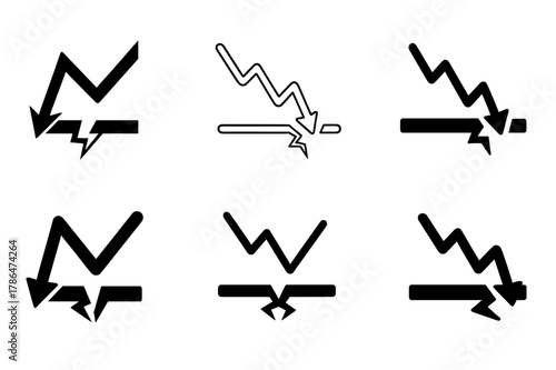 Market Volatility Logos. Market volatility risk. Set Logo of Market volatility risk: zigzag graph breaking support. harmonious logo variations of the same