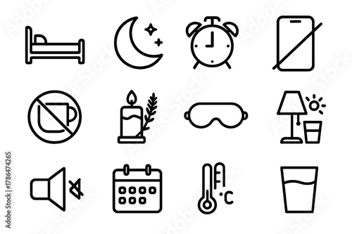 Sleep Hygiene Icons. Sleep Hygiene. Line icon set of Sleep Hygiene: bed, moon, alarm clock, phone off, no caffeine, lavender candle, sleep mask, dim light,