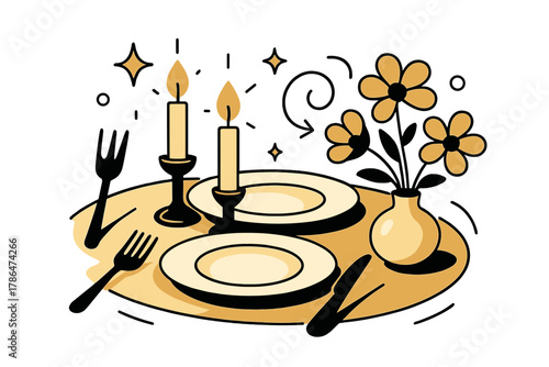 Elegant Table Harmony. Table decor details. Close-up of plates, candles, and flowers arranged symmetrically,