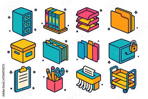 Colorful Office Icons. Office storage and filing. Colorful isometric vector icons set of Office storage and filing: file cabinet, binder shelf, paper tray,