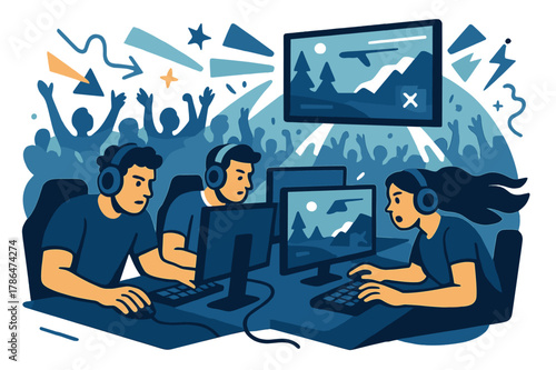 Dynamic E-Sports Arena. E-sports championship. Gamers sitting at desks with computers, hands on keyboards and mice, focused on screens. Crowds cheering in the