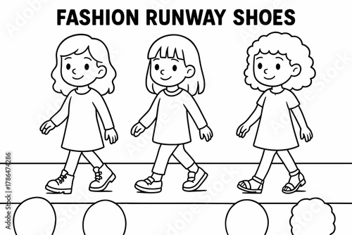 Fashion Runway Coloring Page. Fashion runway shoes children?s coloring book illustration, outlined drawing,