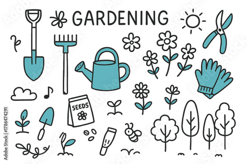 Colorful Gardening Tools. Gardening. Hand-drawn doodle illustration gardening tools, colored shovel, accented rake, colored watering can, accented pruning
