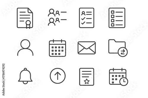 Follow-up Icon Set. Follow-up and Minutes. Line icon set of Follow-up and Minutes: meeting minutes document, attendance list, decisions check, action items