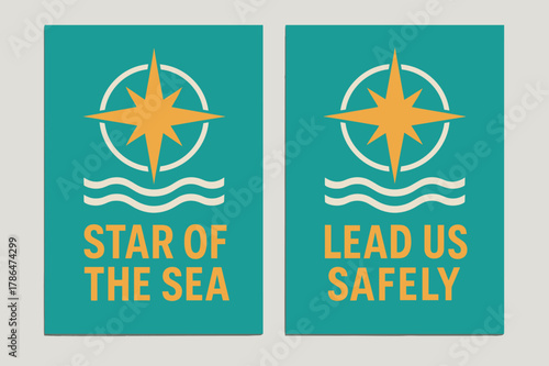 Star and Waves. Star of the Sea. Two vertical A6 banners with safe margins, centered composition, no elements touching edges, modern, turquoise and orange,
