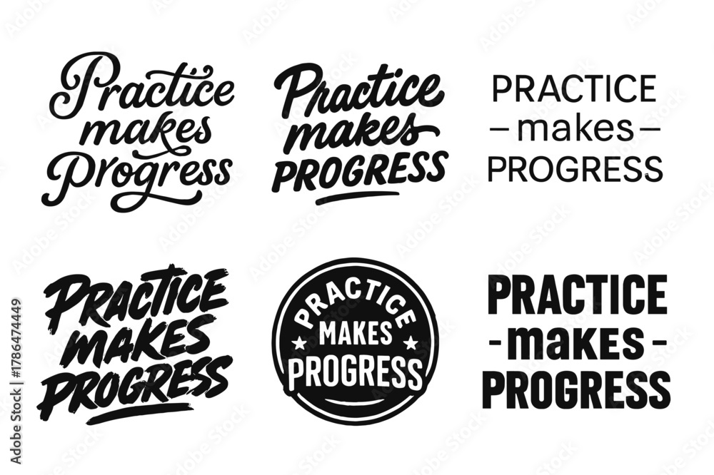 Fototapeta premium Artistic Lettering Variations. Practice makes progress. Set lettering. harmonious lettering variations of the same emblematic concept, each with different