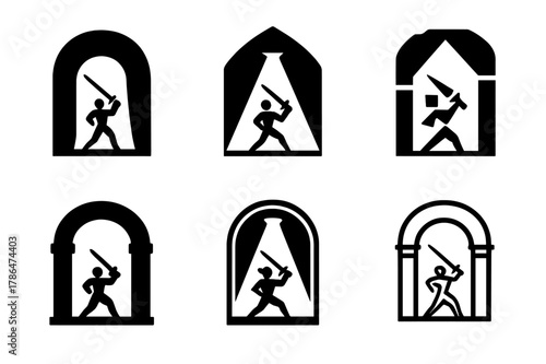 Dramatic Sword Fight Logos. An actor performing a dramatic sword fight on stage. Set Logo of An actor performing a dramatic sword fight on stage: proscenium