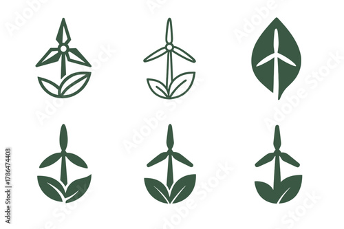 Renewable Energy Logos. Renewable energy ecology. Set Logo of Renewable energy ecology: wind turbine and leaf. harmonious logo variations of the same