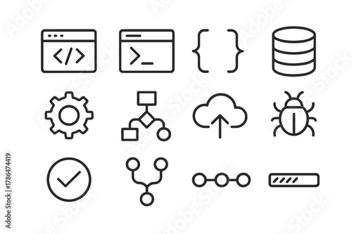 Software Icon Set. Software Development. Line icon set of Software Development: code editor, terminal window, brackets, database icon, gear, flowchart, deploy