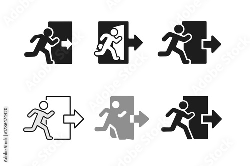 Evacuation Route Logos. Crowd behavior. Set Logo of crowd behavior: emergency exit evacuation route. Icon set. harmonious logo variations of the same