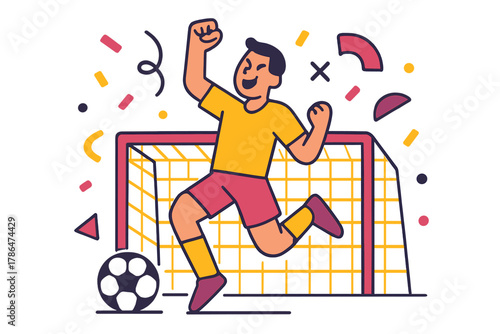 Celebratory Penalty Kick. Penalty Kick Victory. A player celebrates after scoring; glowing net and floating