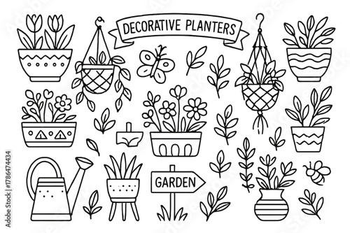 Decorative Planters Doodle. Decorative planters. Hand-drawn doodle illustration decorative planters patterned pots, hanging baskets, macrame holder, ceramic
