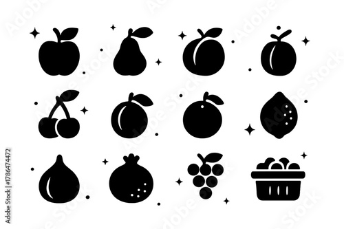 Organic Fruit Icons. Organic fruit orchard. Solid icons set of Organic fruit orchard: apple, pear, peach, plum, cherry, apricot, orange, lemon, fig,