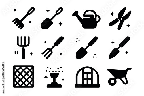 Garden Tools Icons. garden tools. Solid icons set of garden tools: rake, shovel, watering can, pruning shears, garden fork, cultivator, hoe, trowel, trellis,