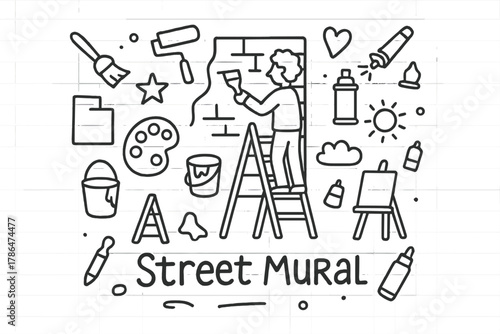 Street Mural Doodle. Street Mural. Hand-drawn doodle illustration of Street Mural. In the middle, one slightly