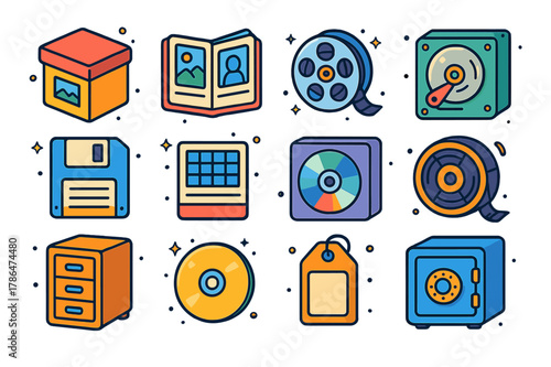 Memory Storage Icons. Memory and archive storage. Colorful isometric vector icons set of Memory and archive storage: photo box, album book, film reel, old hard