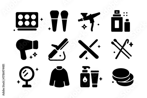 Hair and Makeup Icons. Hair and Makeup. Solid icons set of Hair and Makeup: makeup palette, brushes, airbrush gun, hairspray, hairdryer, curling