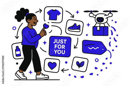 Personalized Shopping Experience. Customer experience personalization. A shopper taps a heart icon as product cards orbit; ?Just for you? tag glows. Confetti