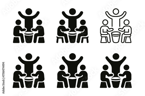 Music Therapy Logos. Music therapy for health. Set Logo of music therapy for health: therapist guiding drumming circle. Icon set. harmonious logo variations of