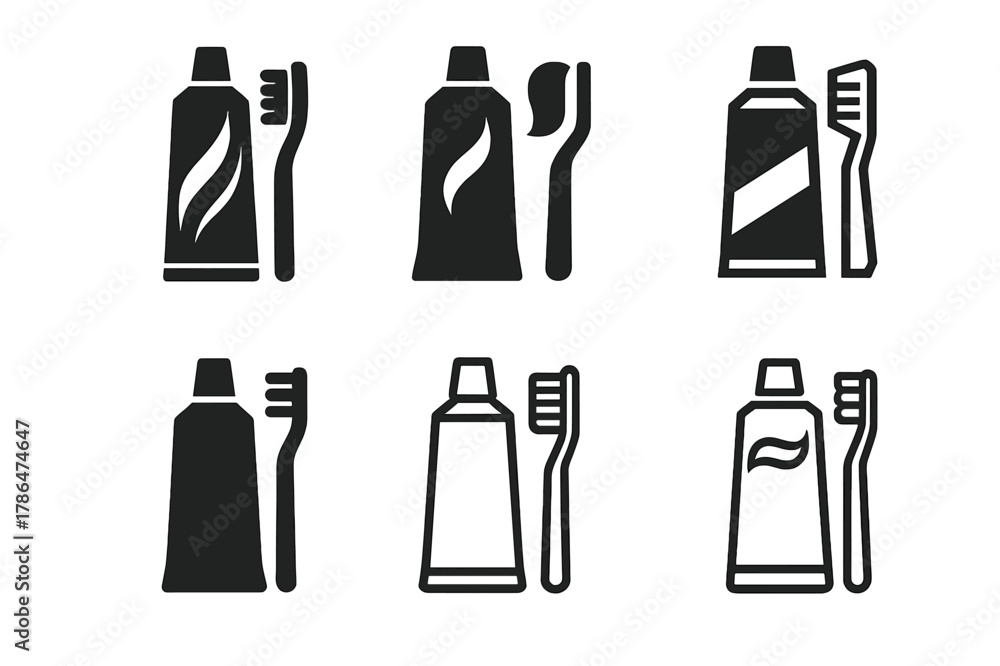 Fototapeta premium Toothpaste Logo Variations. Toothpaste tube. Set Logo of Toothpaste tube: toothpaste tube and toothbrush combo. Icon set. harmonious logo variations of the