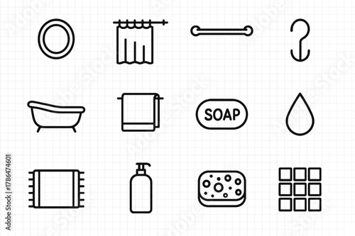 Bathroom Essentials Icons. Bathroom essentials. Line icon set of bathroom essentials: ring, shower curtain, curtain rod, hook, bathtub, towel, soap, water
