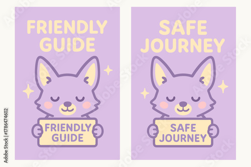 Kawaii Jackal Banners. Gentle Protector. Two vertical A6 banners with safe margins, centered composition, no elements touching edges, kawaii, lavender and