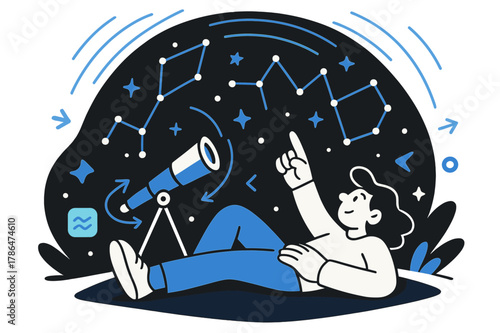 Cosmic Stargazing Scene. Stargazing. A person lying on a blanket with a telescope pointed toward