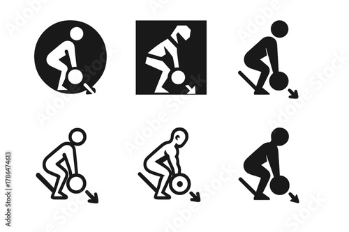 Fitness Icon Emblem Variations. Fitness coach demonstrating proper form for exercises like deadlifts. Set Logo of fitness coach demonstrating proper form for