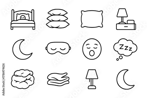 Cozy Bed Icon Set. Soft, Fluffy Pillows Surrounding Someone in Bed. Line icon set of Soft, Fluffy Pillows Surrounding Someone in Bed: bed frame, headboard,