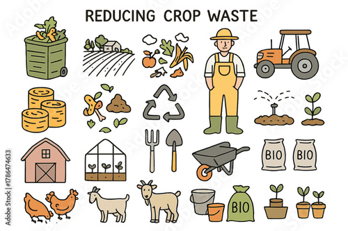 Compost and Crop Cycle. Reducing crop waste. Hand-drawn doodle illustration compost bin (colored), farm field (colored), crop residues (colored), tractor