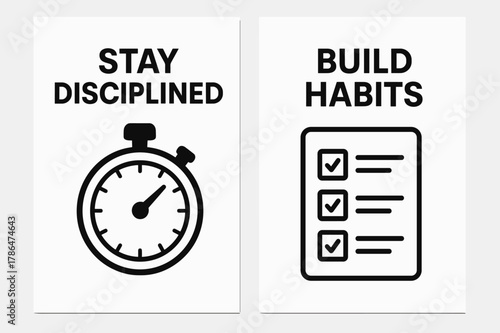 Stay Disciplined Banner. Discipline. Two vertical A6 banners with safe margins, centered composition, no elements touching edges, flat vector design, black and