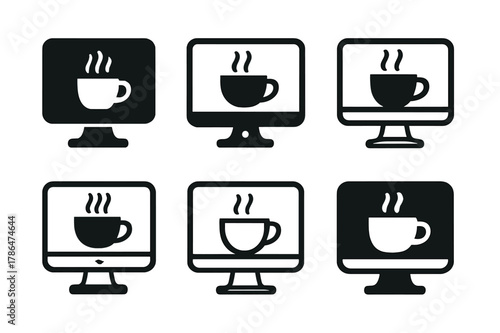 Coffee Work Icons. Drinking coffee while working. Icon set. Set Logo of drinking coffee while working: computer monitor with cup steam rising. harmonious logo