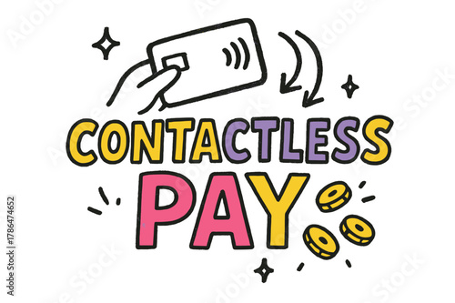 Playful Contactless Pay. Contactless Pay ? Doodle / Sketch; lettering: playful hand-drawn with rough sketch outlines; layout: casual with arrows and stars;