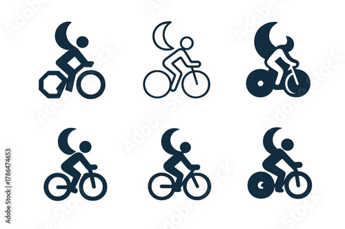 Night Cycling Logos. Night cycling. Set Logo of Night cycling: cyclist under crescent moon. harmonious logo variations of the same emblematic concept, each