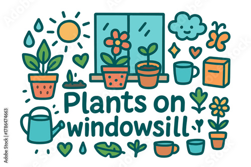 Playful Windowsill Garden. Plants on windowsill. Hand-drawn doodle illustration of plants on windowsill.