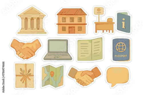 Watercolor Host Services Icons. Host Services Icons. Realistic hand-painted watercolor style sticker sheet of