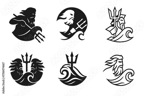 Wind God Logos. A god controlling the winds and the storms. Set Logo of A god controlling the winds and the storms: trident piercing storm wave. Icon set.