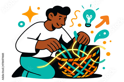 Creative Basket Weaving. Handicrafts. A person weaving a colorful basket with glowing threads and abstract