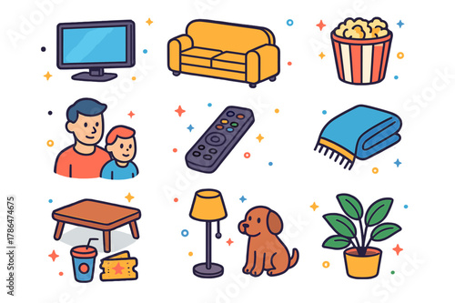 Cozy Movie Night Icons. Cozy movie night. Colorful isometric vector icons set of cozy movie night: TV, sofa, popcorn, family members, remote control, blanket,