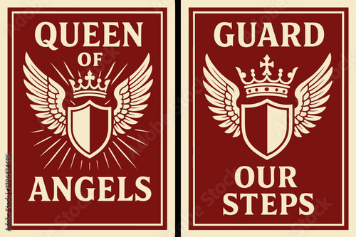 Angelic Royalty Banners. Queen of Angels. Two vertical A6 banners with safe margins, centered composition, no elements touching edges, bold, crimson and ivory,